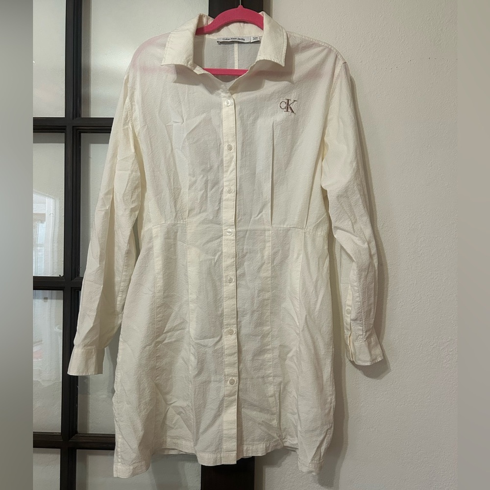 Calvin Klein jeans seersucker button up shirt dress tapered waist